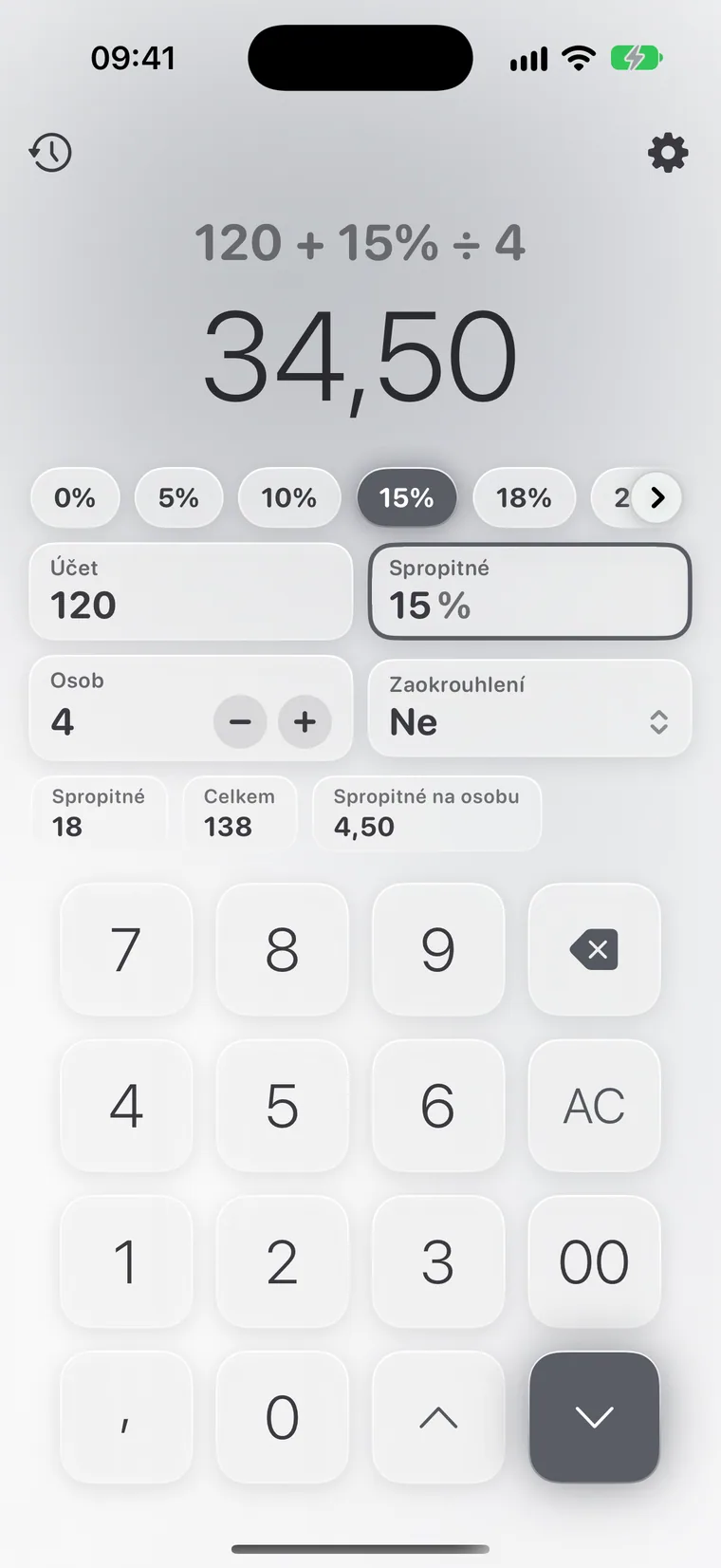 Calcie, režim „Spropitné“ na iPhonu