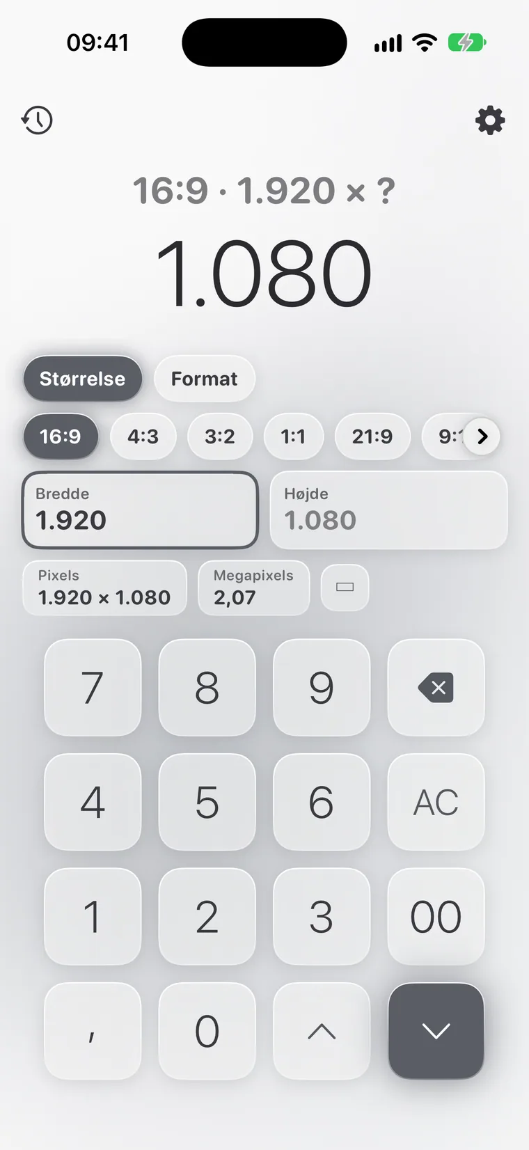 Calcie, tilstanden »Billedformat« på iPhone