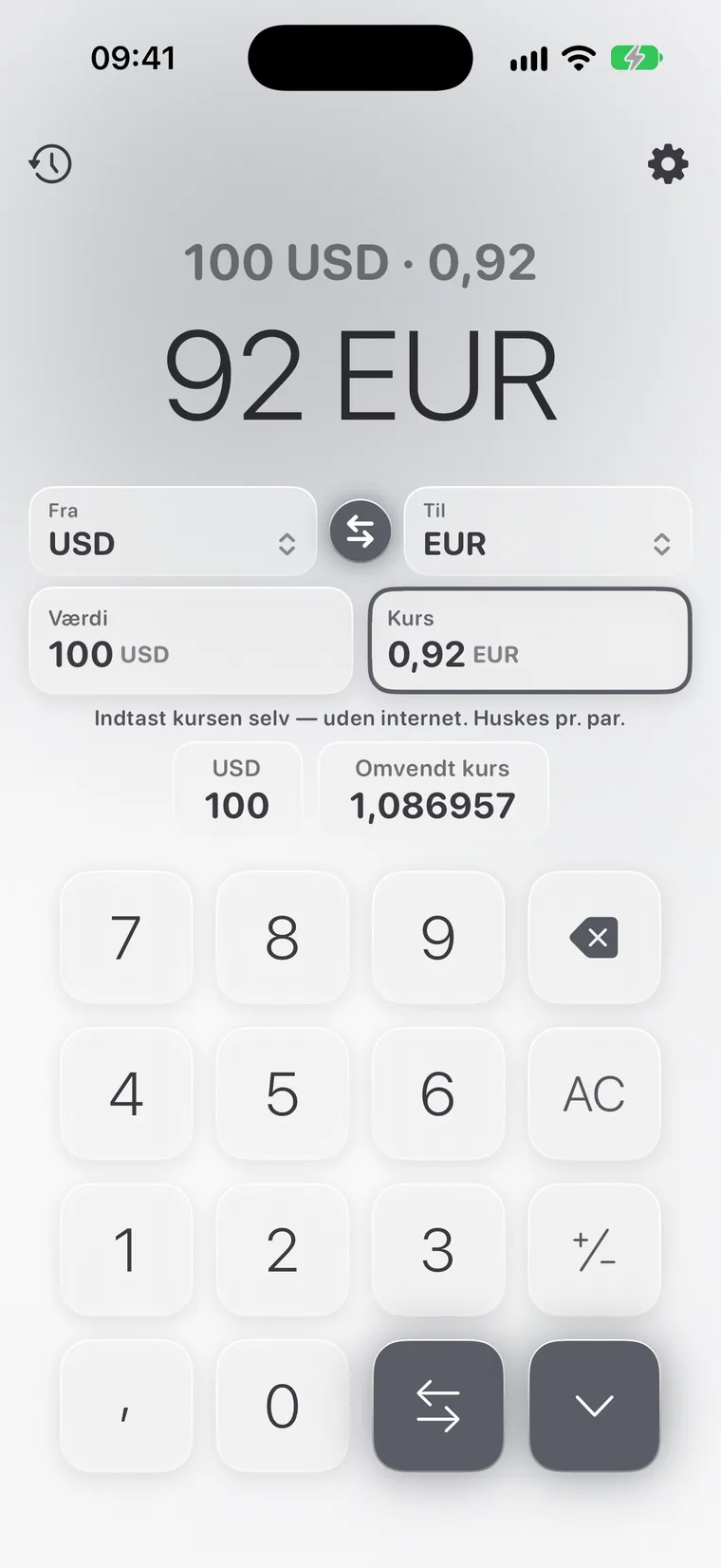 Calcie, tilstanden »Valuta« på iPhone
