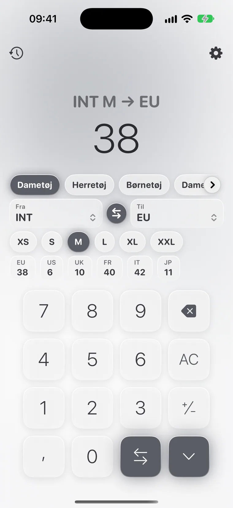 Calcie, tilstanden »Størrelser« på iPhone