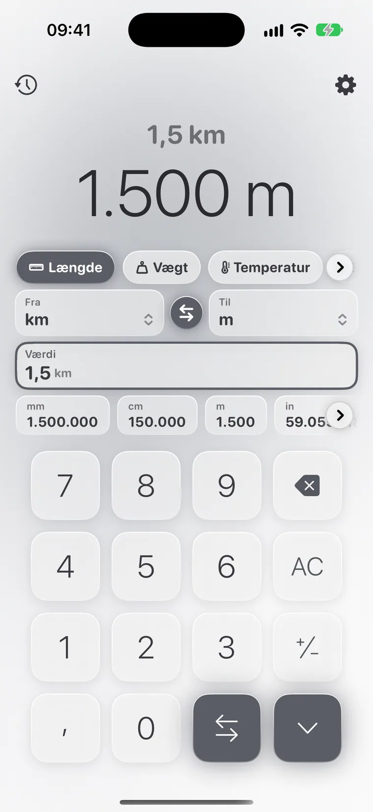 Calcie, tilstanden »Enheder« på iPhone