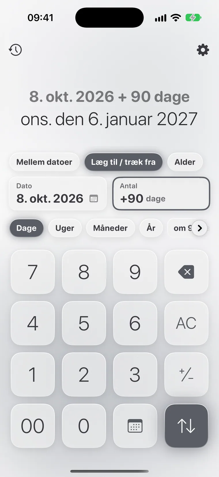 Calcie, tilstanden »Datoer« på iPhone