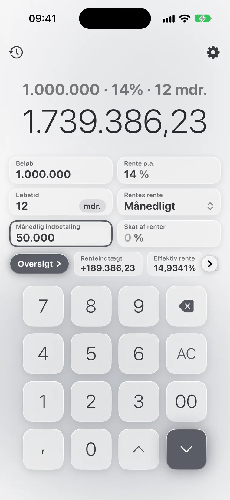 Calcie, tilstanden »Indskud« på iPhone