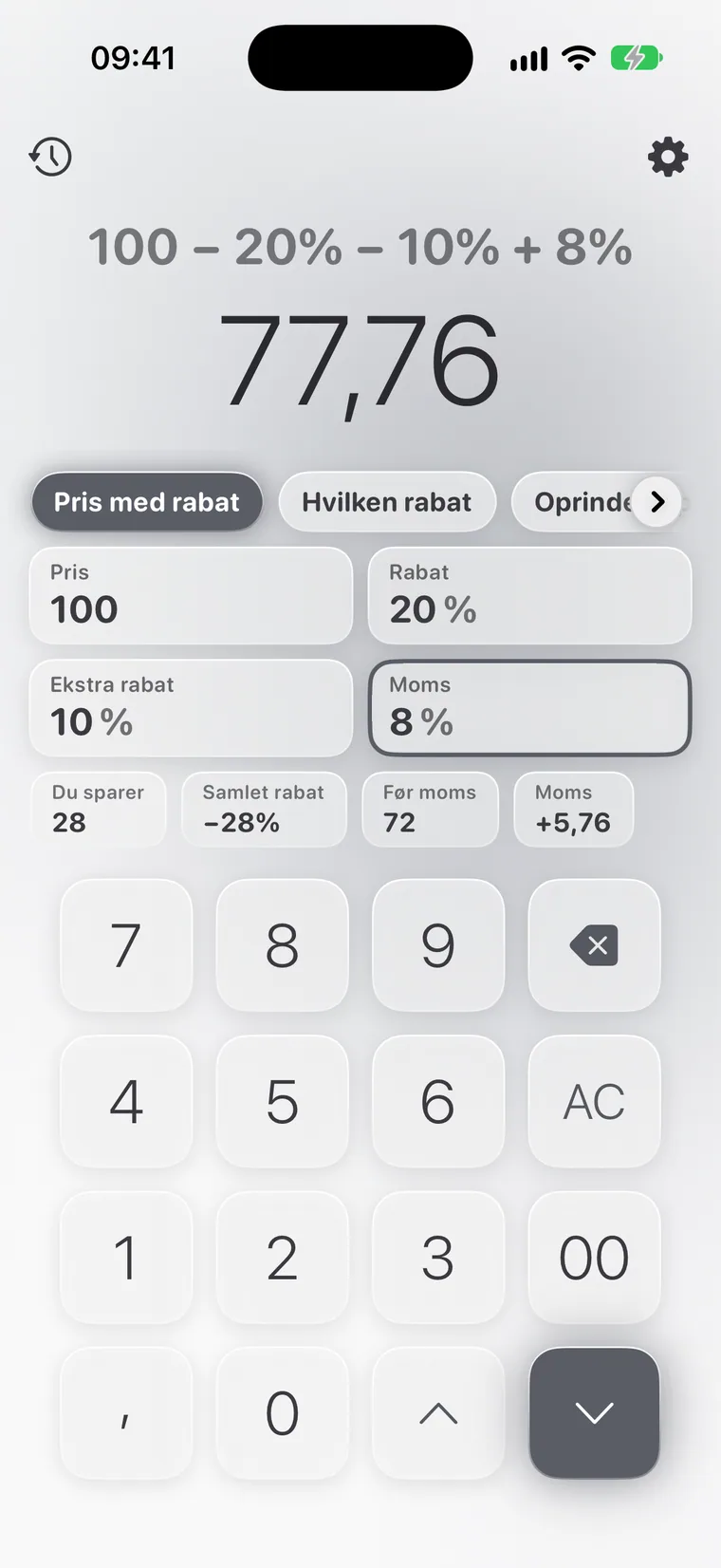 Calcie, tilstanden »Rabatter« på iPhone
