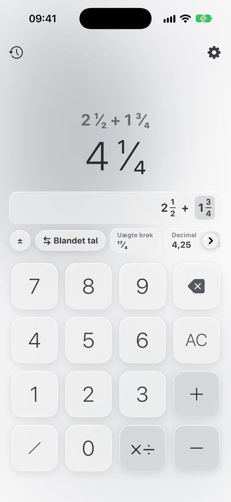 Calcie, tilstanden »Brøker« på iPhone