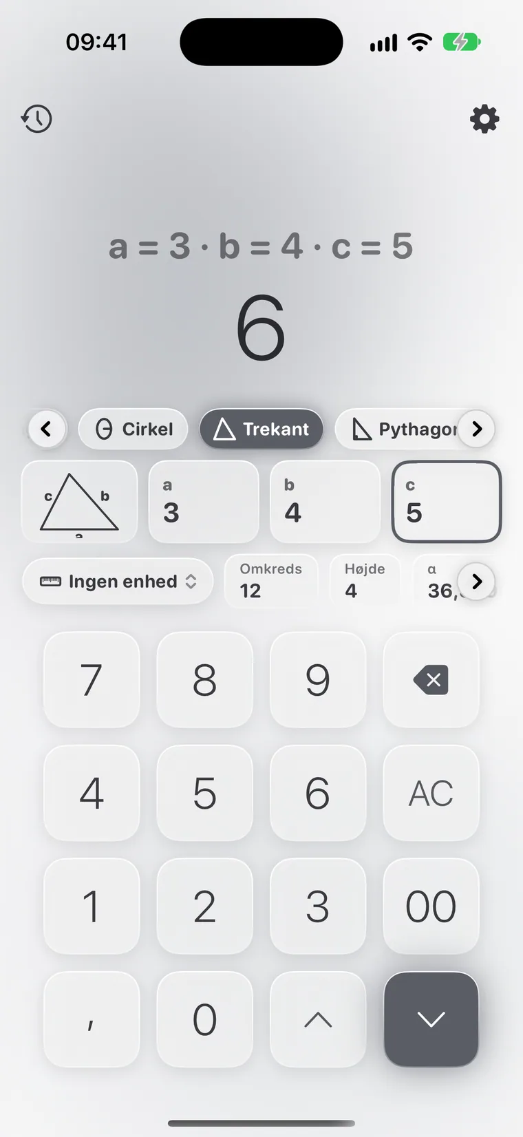 Calcie, tilstanden »Geometri« på iPhone