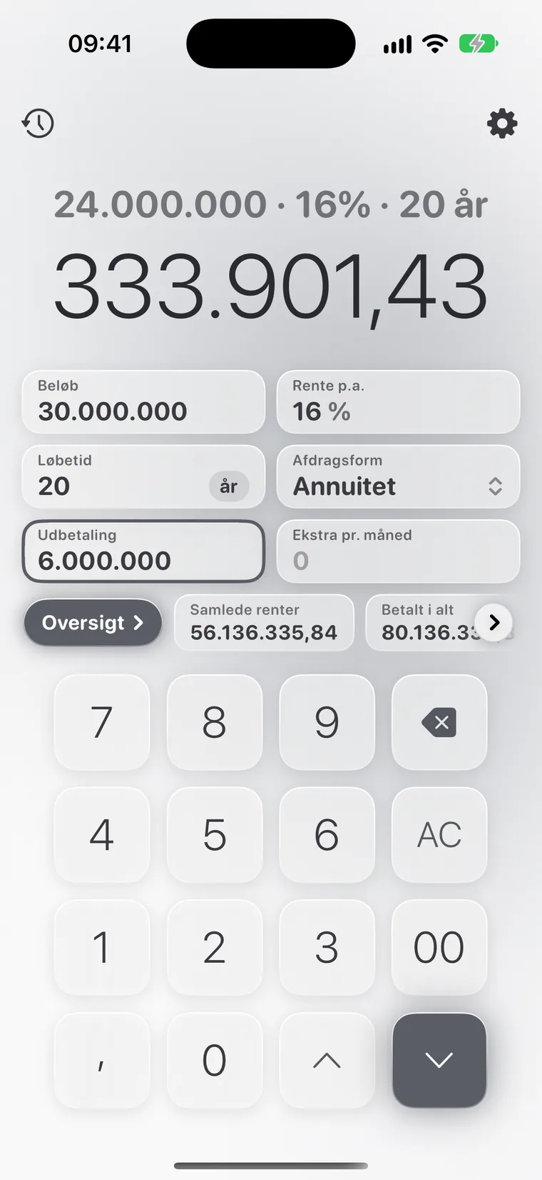 Calcie, tilstanden »Lån« på iPhone