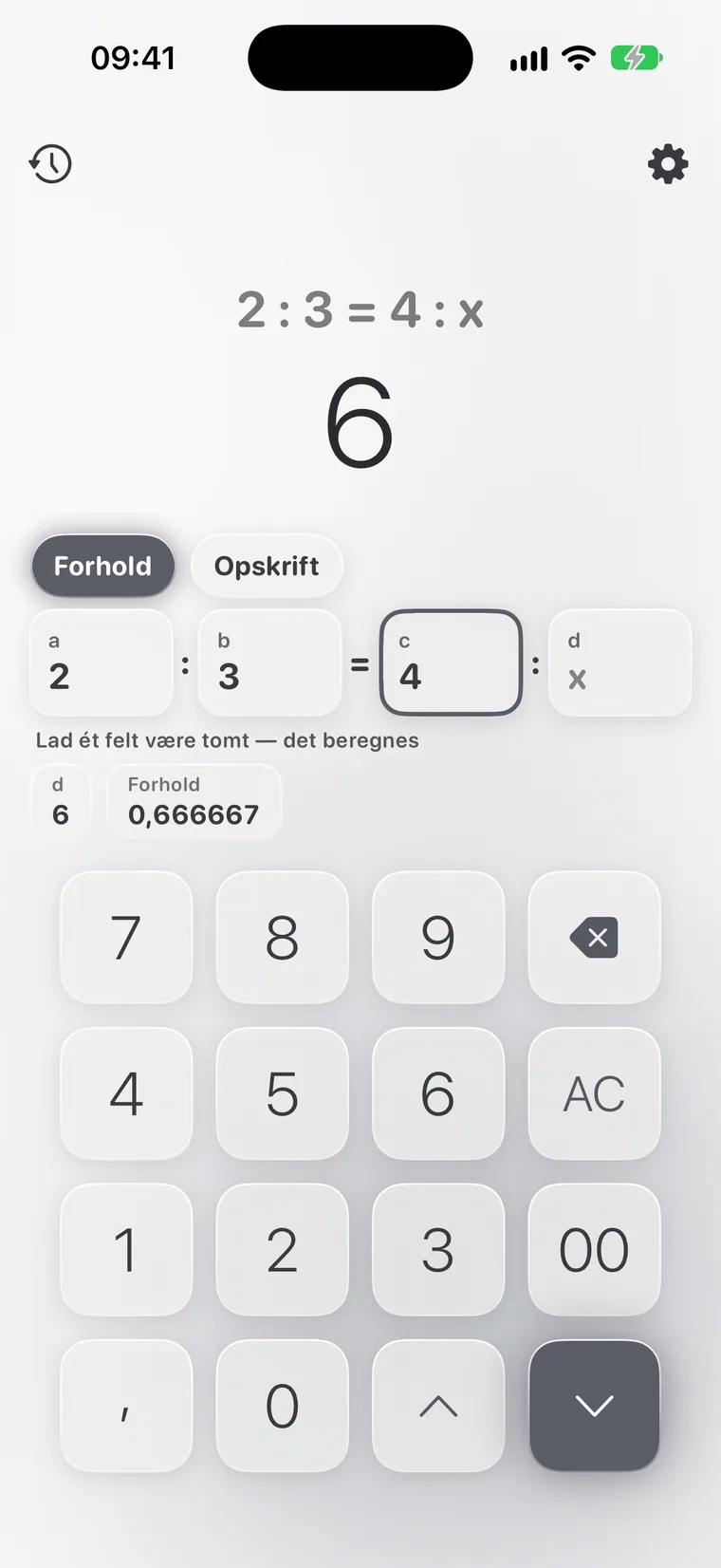 Calcie, tilstanden »Forhold« på iPhone