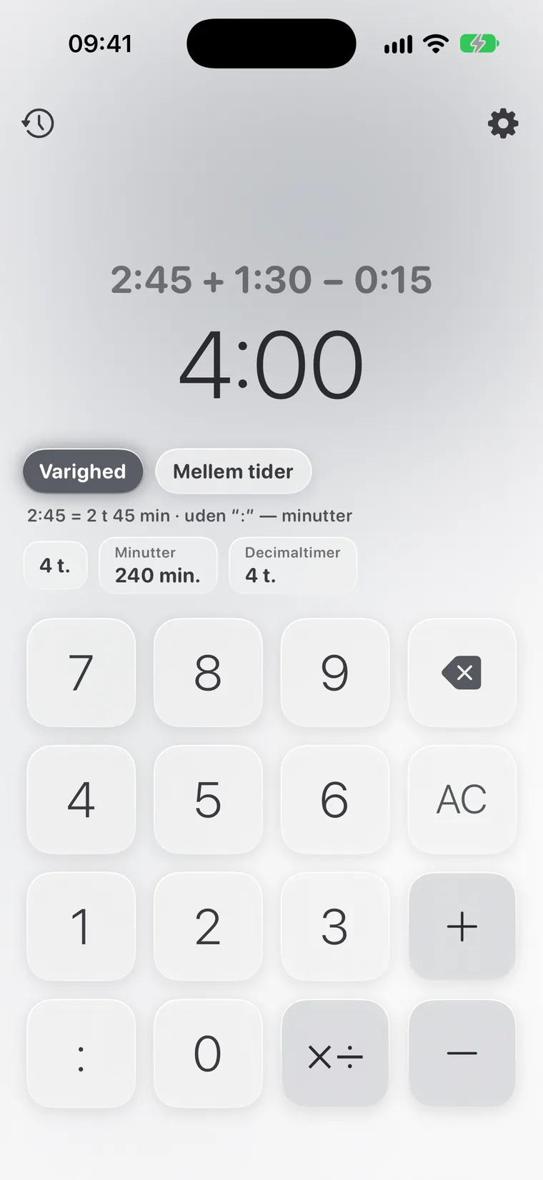Calcie, tilstanden »Tid« på iPhone