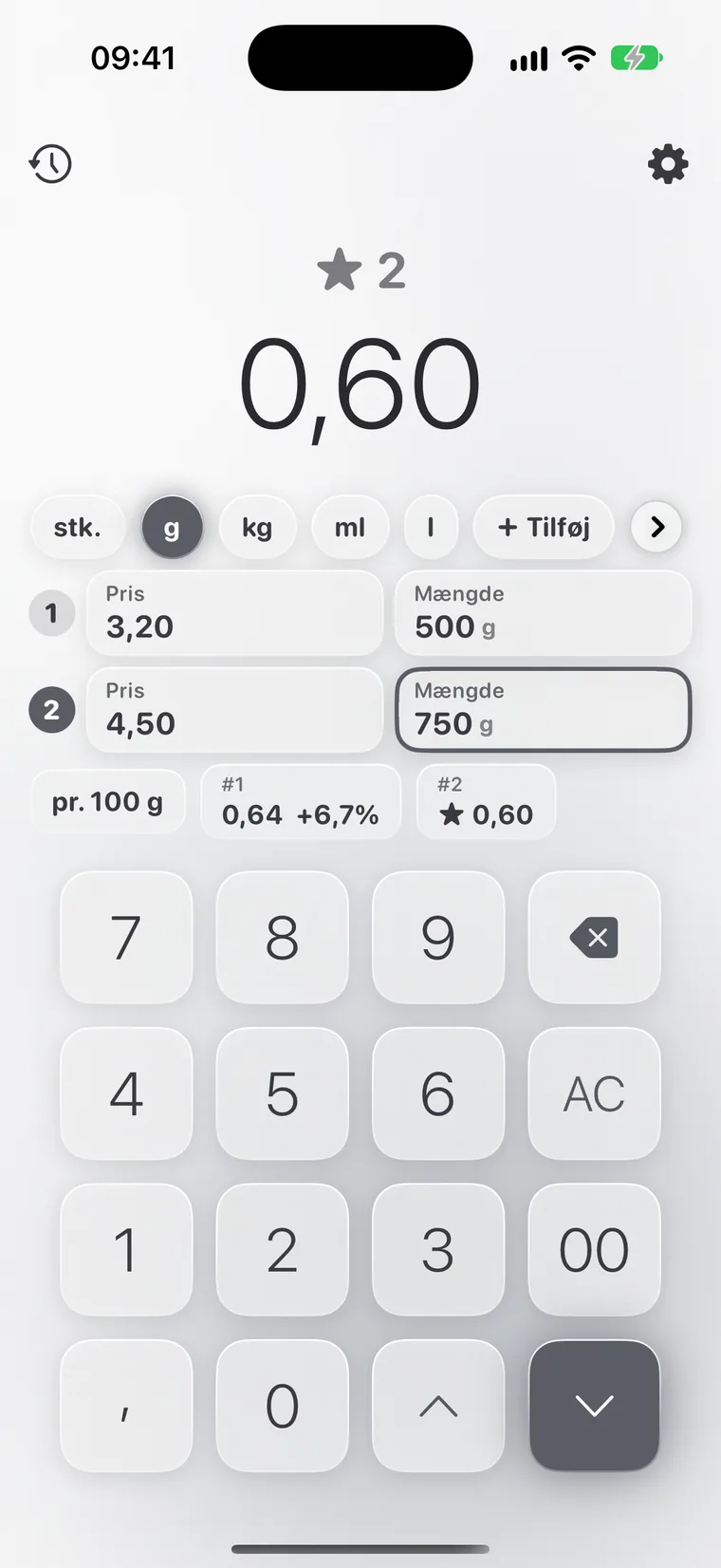 Calcie, tilstanden »Enhedspris« på iPhone