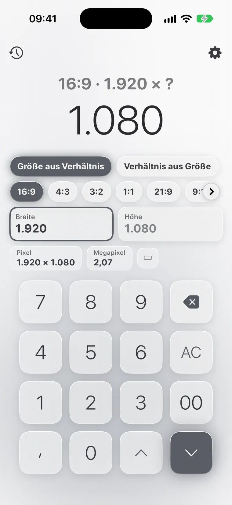 Calcie, Modus „Seitenverhältnis“ auf dem iPhone
