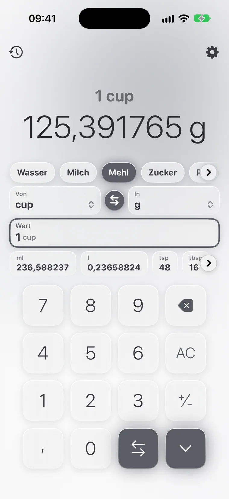 Calcie, Modus „Kochen“ auf dem iPhone