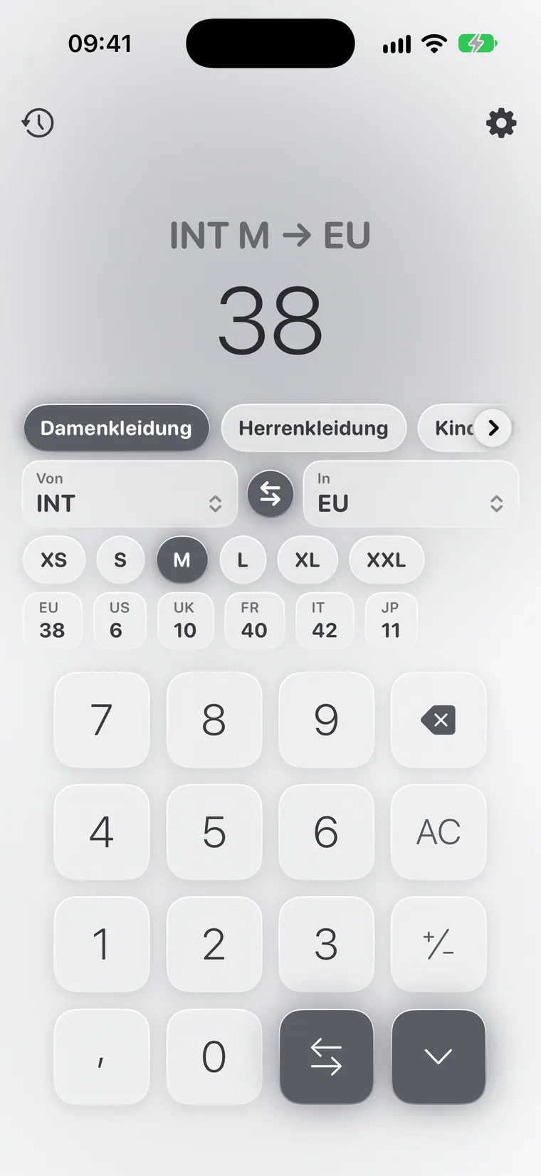 Calcie, Modus „Größen“ auf dem iPhone