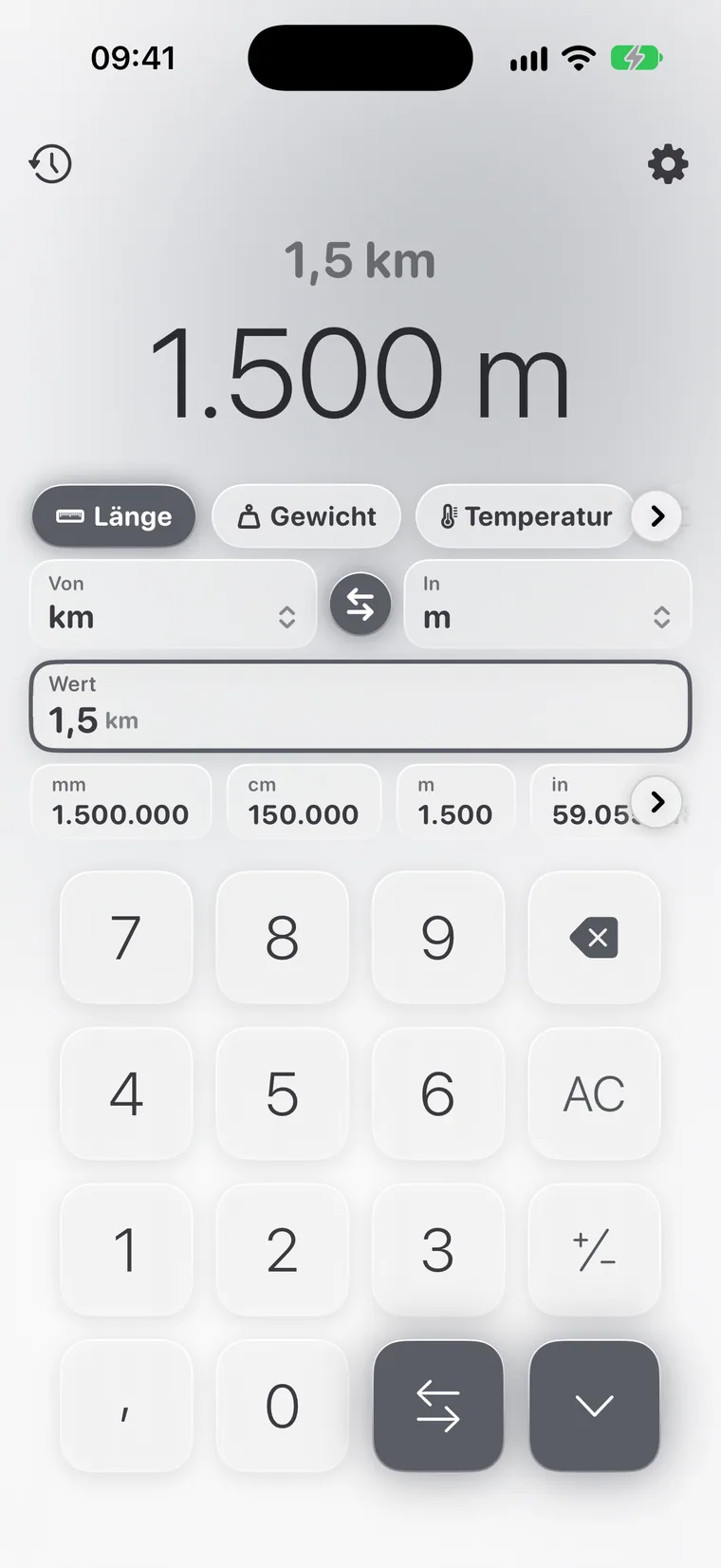 Calcie, Modus „Einheiten“ auf dem iPhone
