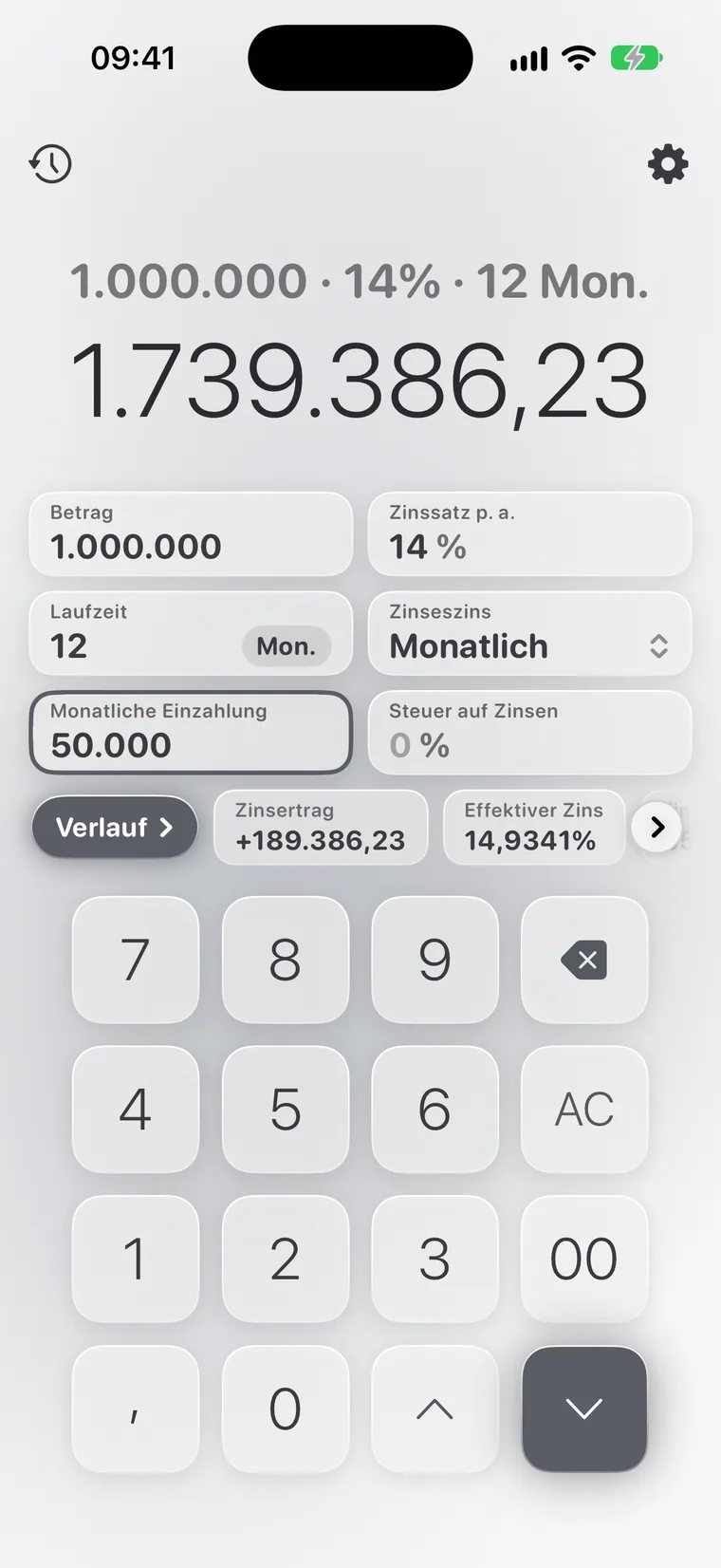 Calcie, Modus „Festgeld“ auf dem iPhone