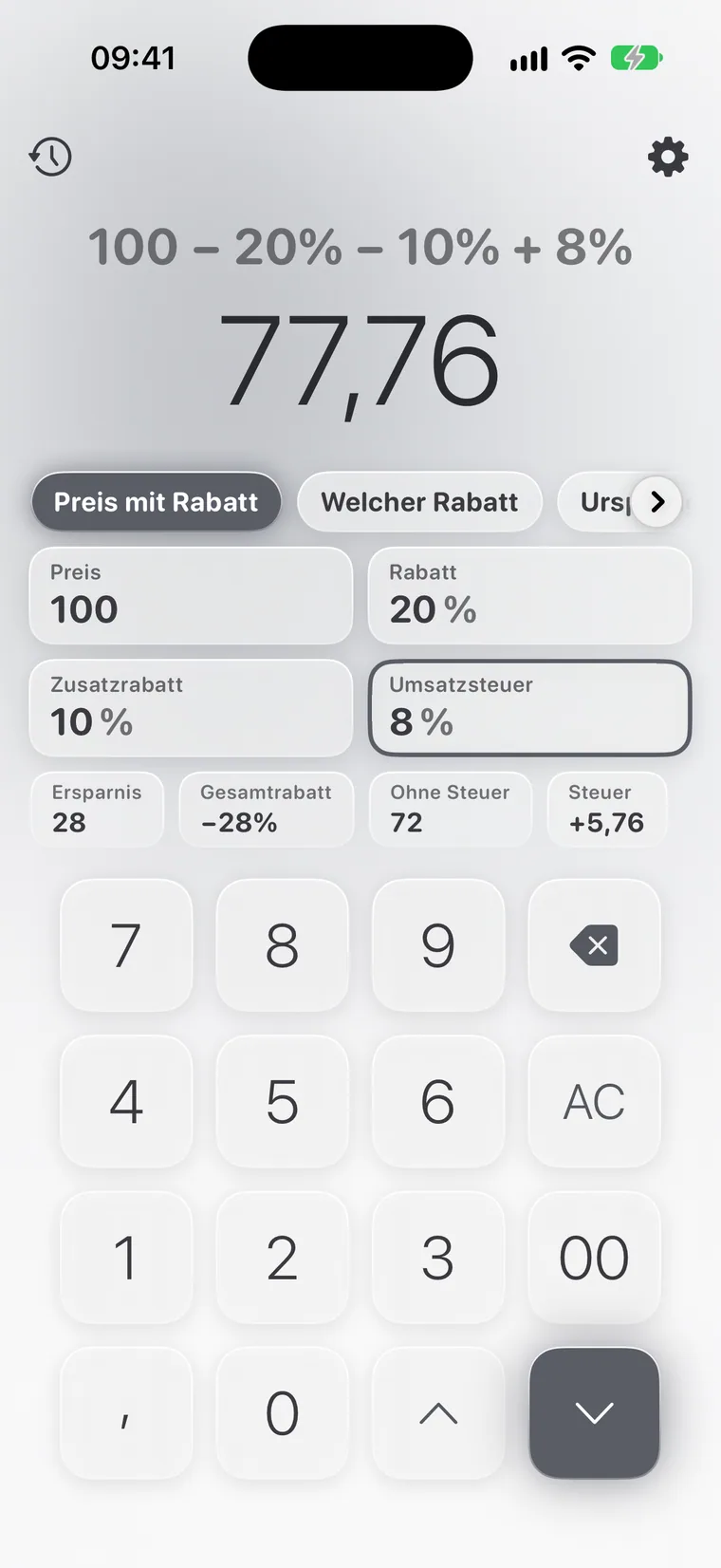 Calcie, Modus „Rabatte“ auf dem iPhone