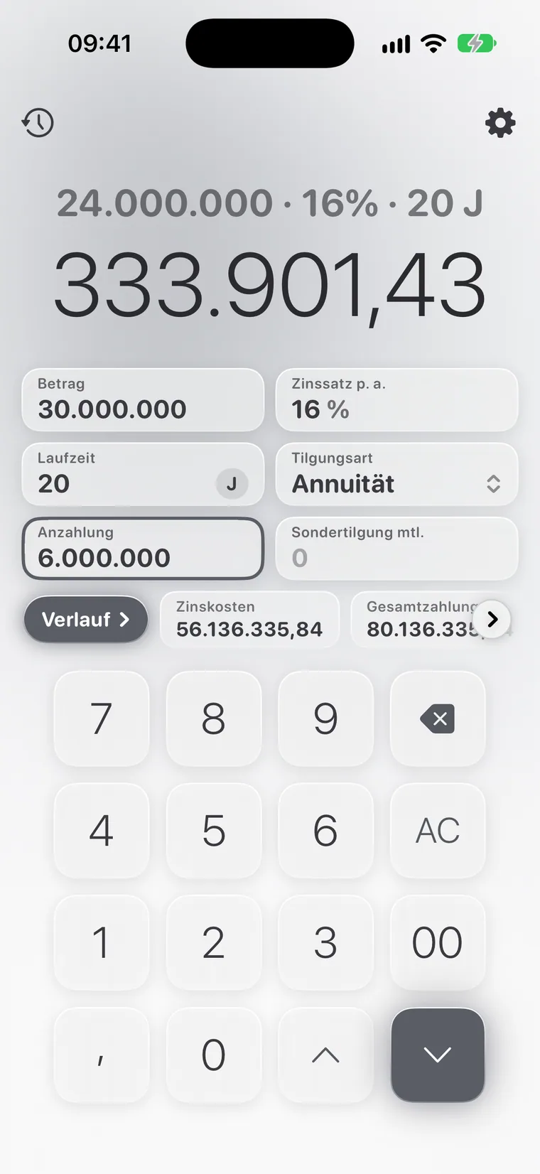 Calcie, Modus „Kredit“ auf dem iPhone