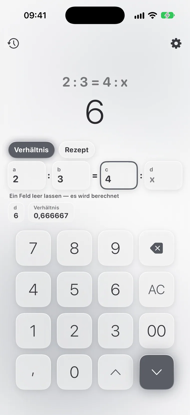 Calcie, Modus „Verhältnisse“ auf dem iPhone