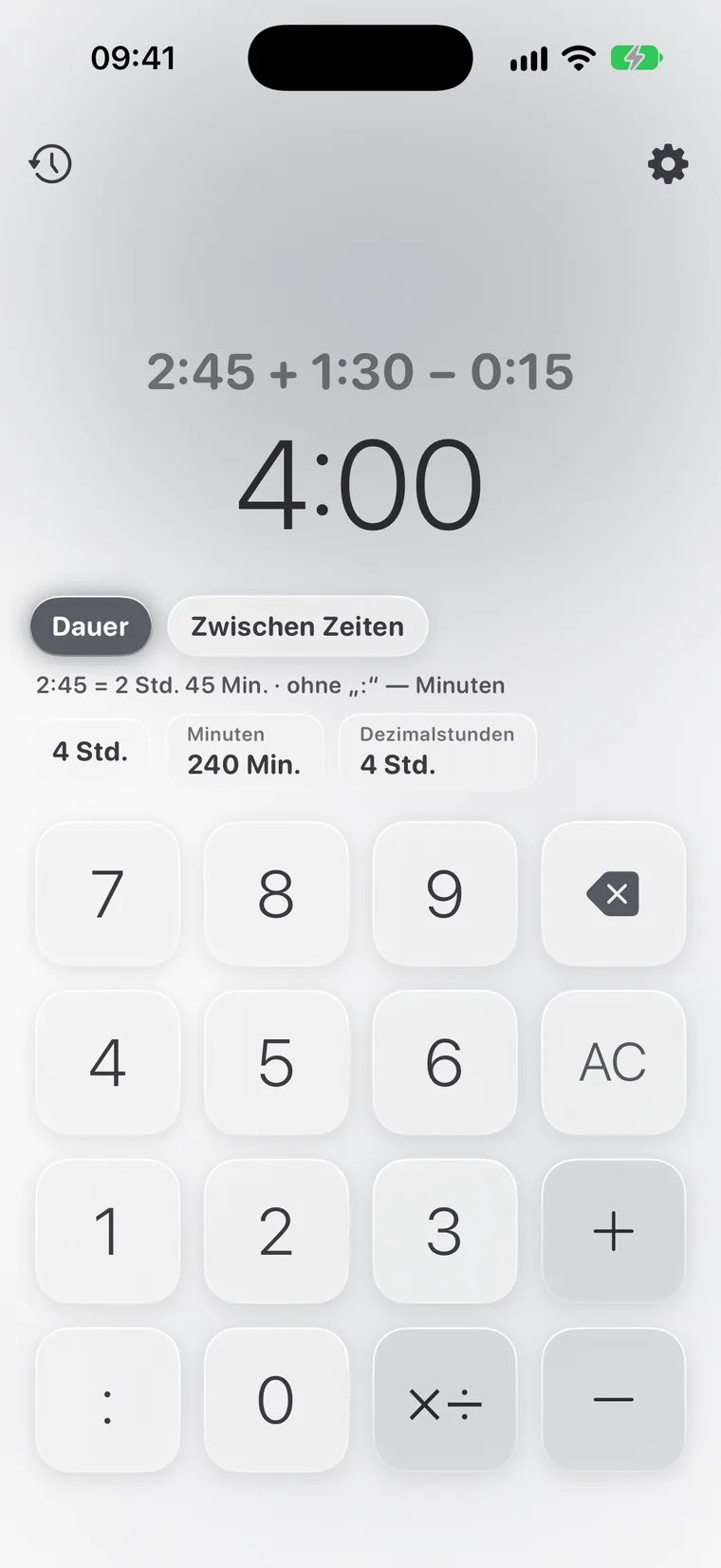 Calcie, Modus „Zeit“ auf dem iPhone