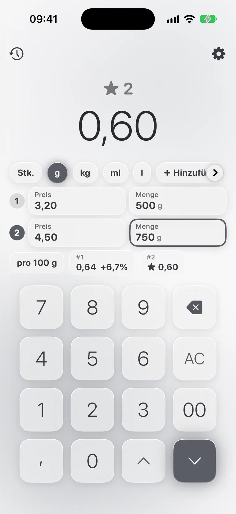 Calcie, Modus „Grundpreis“ auf dem iPhone