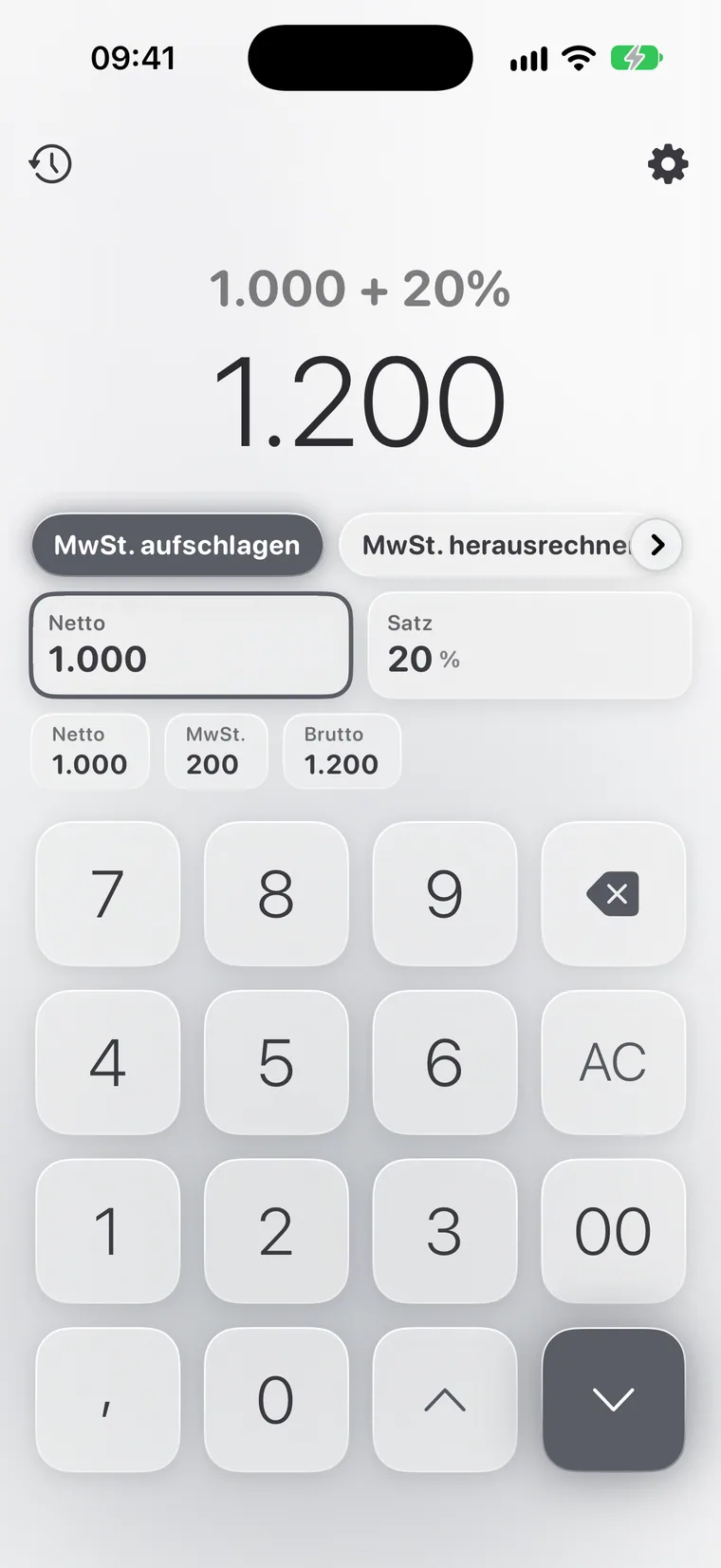 Calcie, Modus „MwSt.“ auf dem iPhone