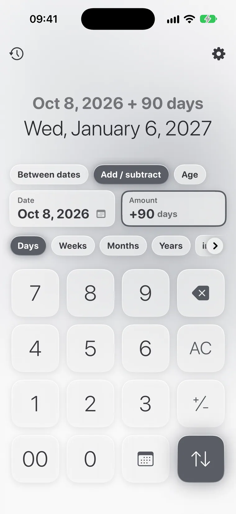 Calcie, “Dates” mode on iPhone