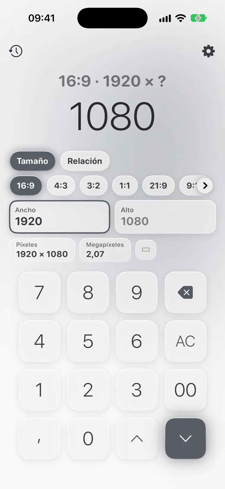 Calcie, modo «Relación de aspecto» en iPhone