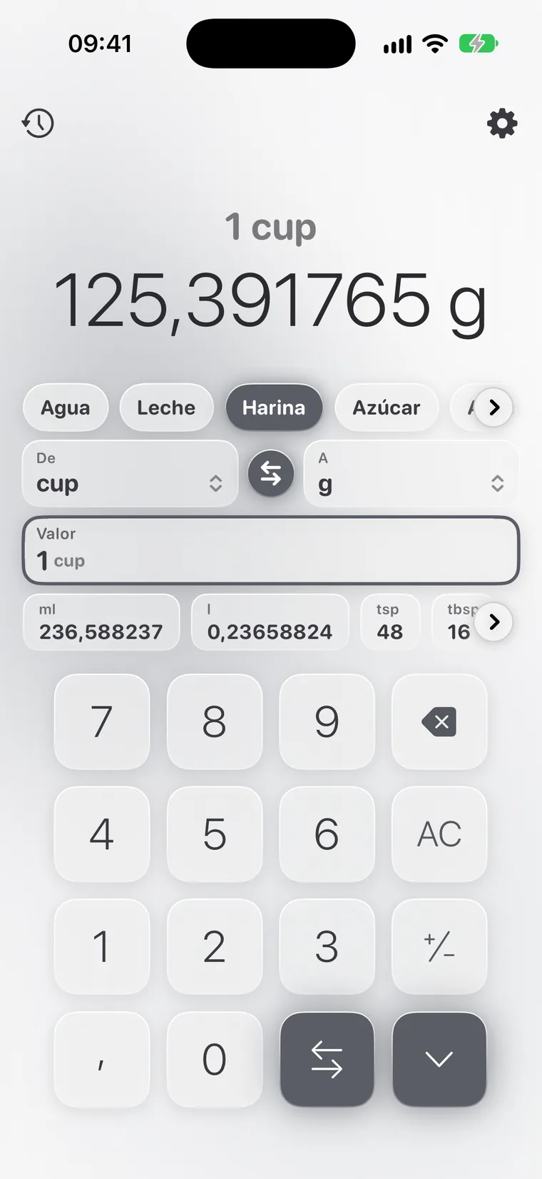 Calcie, modo «Cocina» en iPhone