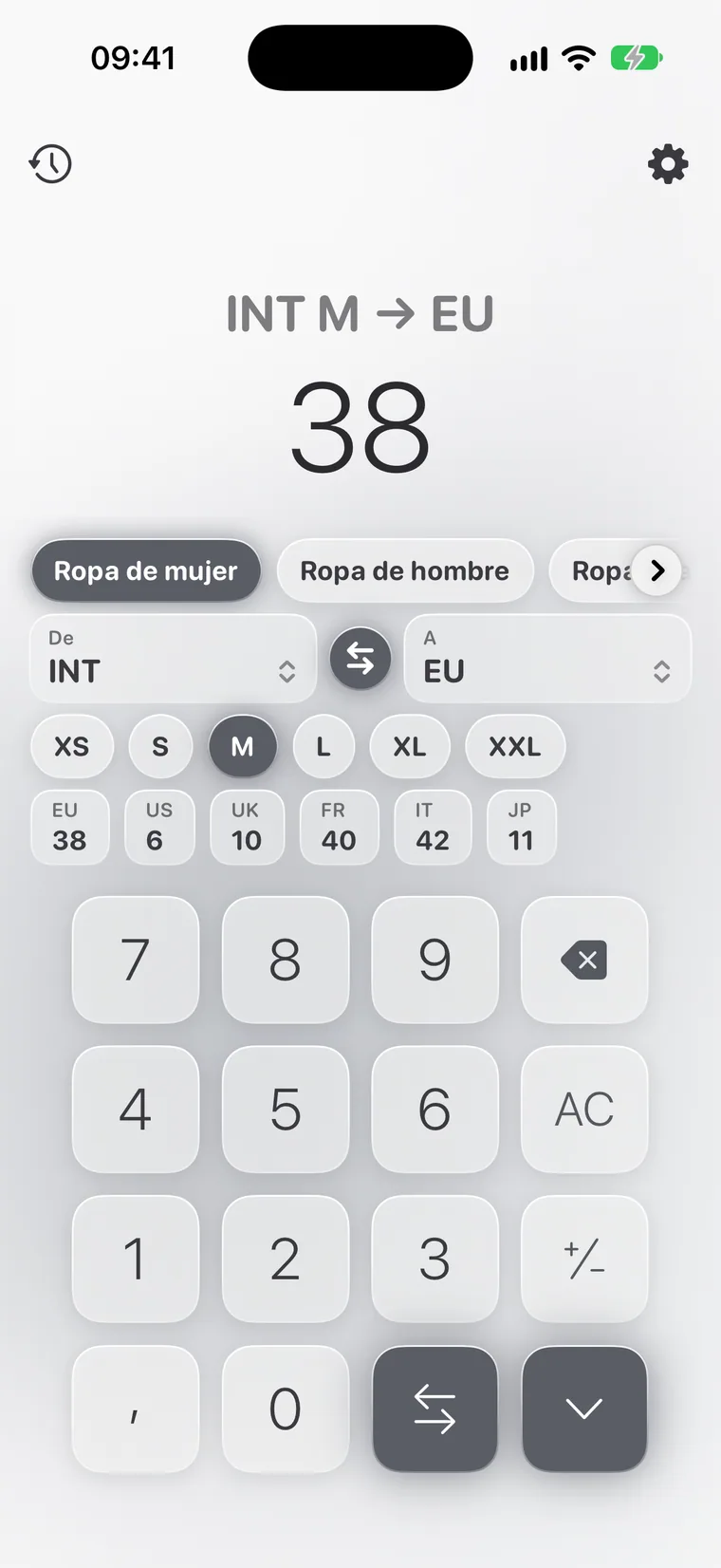 Calcie, modo «Tallas» en iPhone
