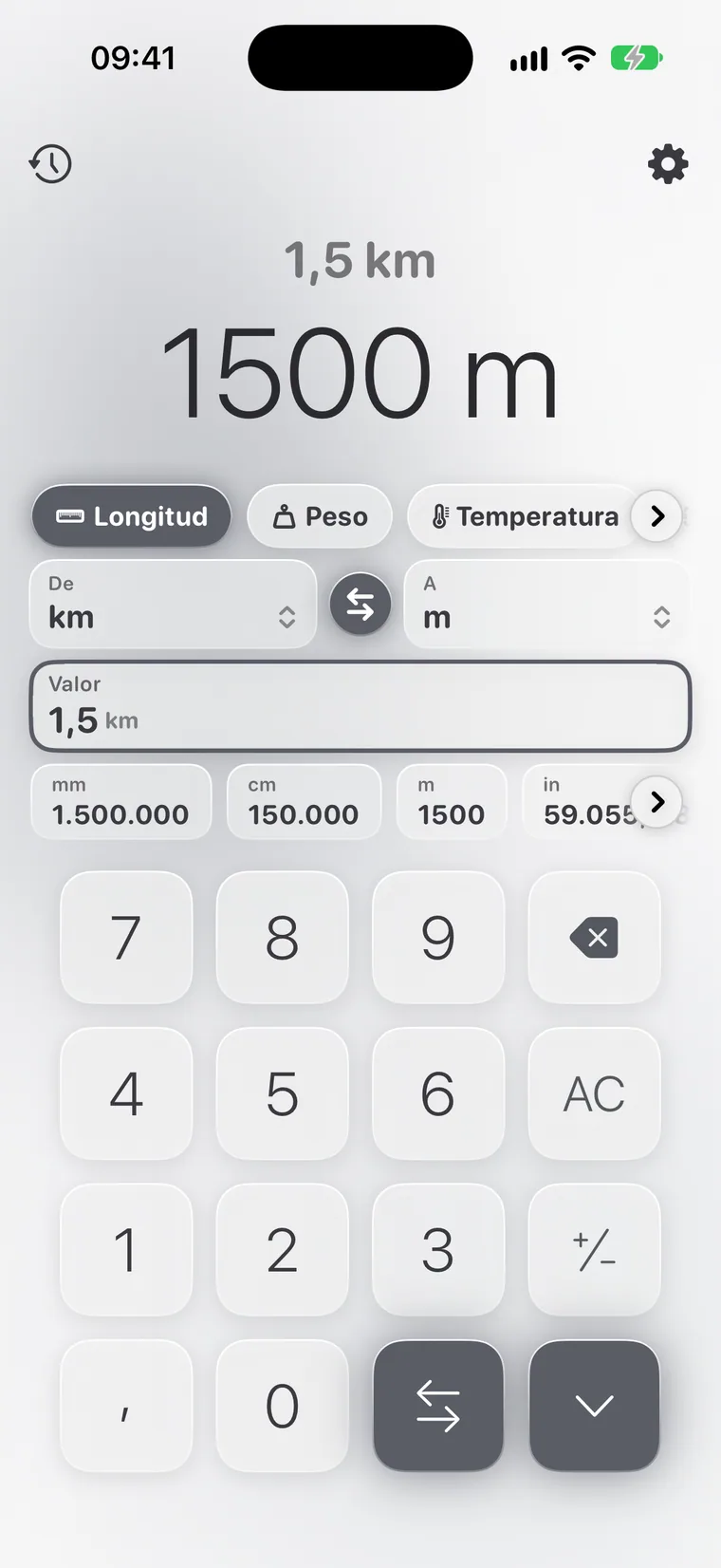 Calcie, modo «Unidades» en iPhone