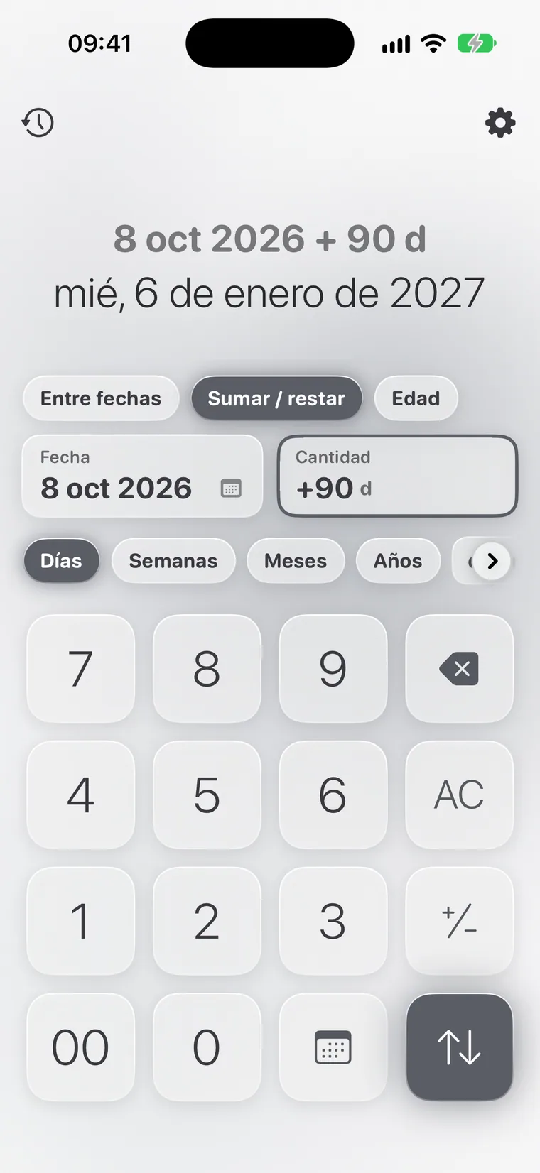 Calcie, modo «Fechas» en iPhone
