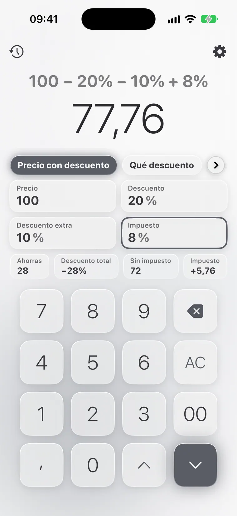 Calcie, modo «Descuentos» en iPhone