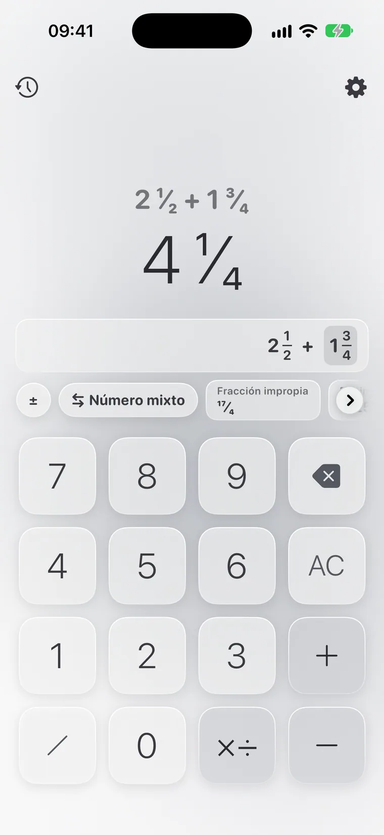 Calcie, modo «Fracciones» en iPhone