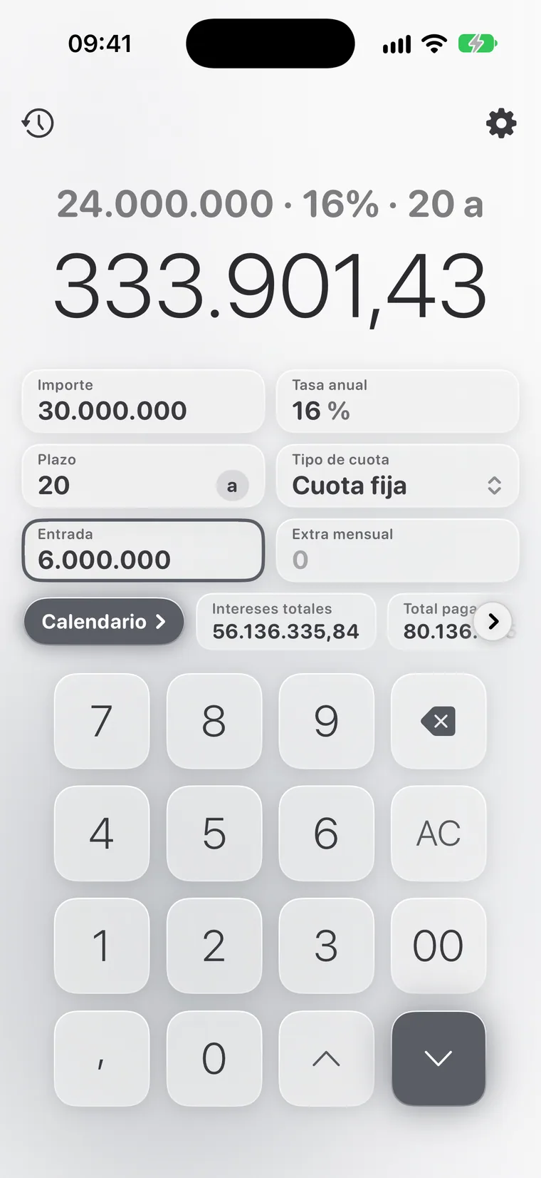 Calcie, modo «Préstamo» en iPhone