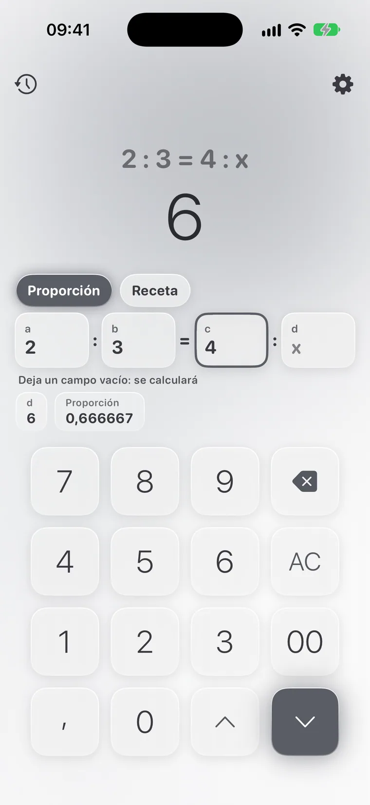 Calcie, modo «Proporciones» en iPhone
