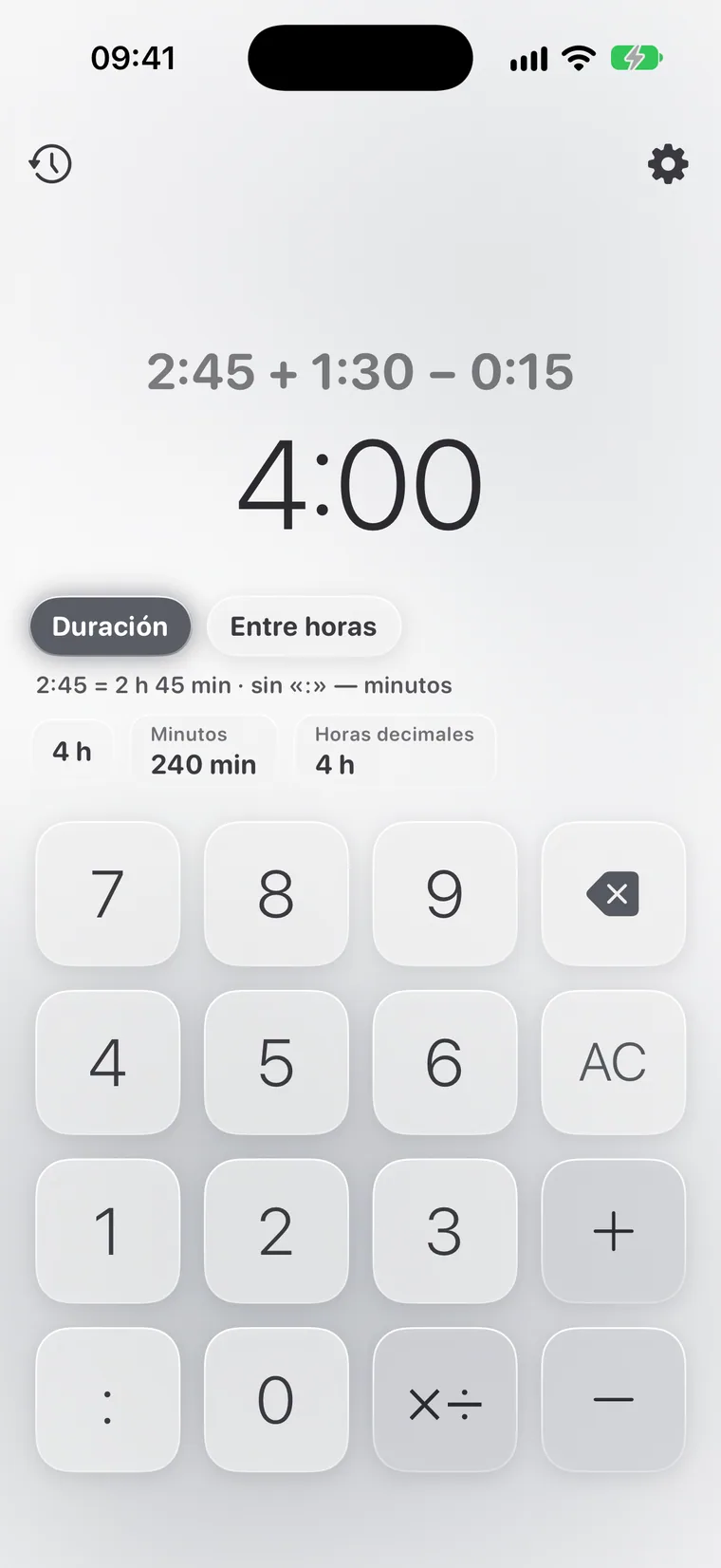 Calcie, modo «Tiempo» en iPhone