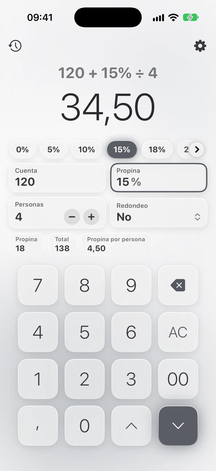 Calcie, modo «Propinas» en iPhone