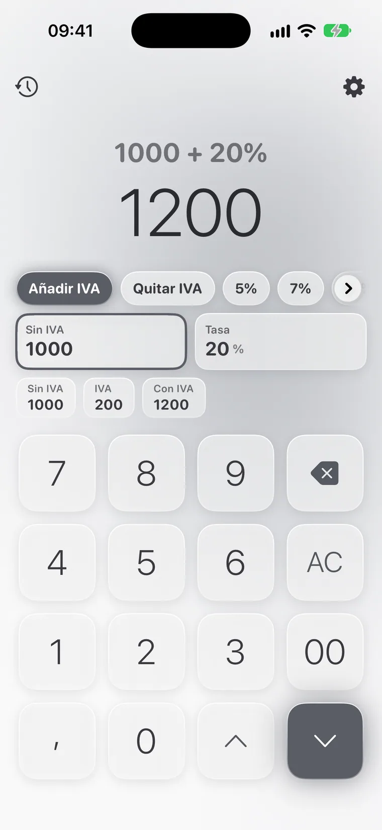 Calcie, modo «IVA» en iPhone