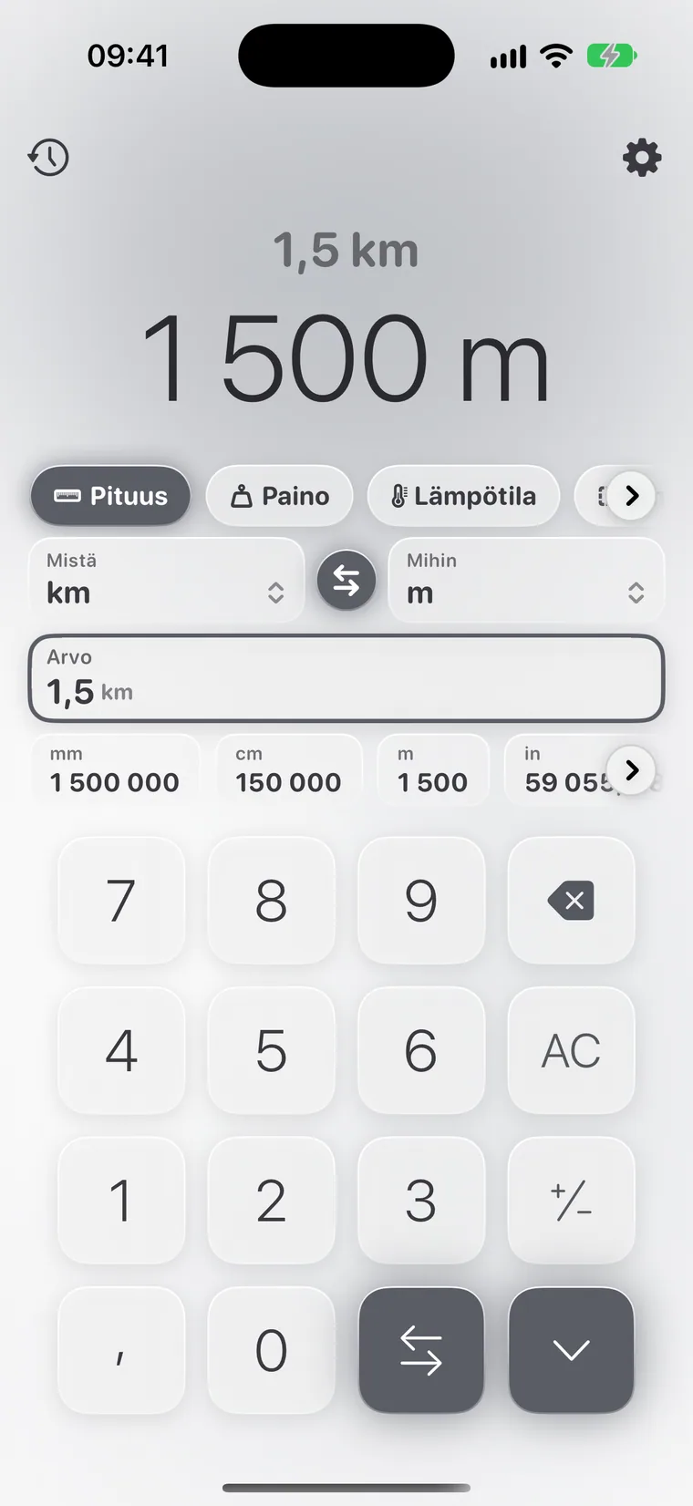 Calcie, tila ”Yksiköt” iPhonessa