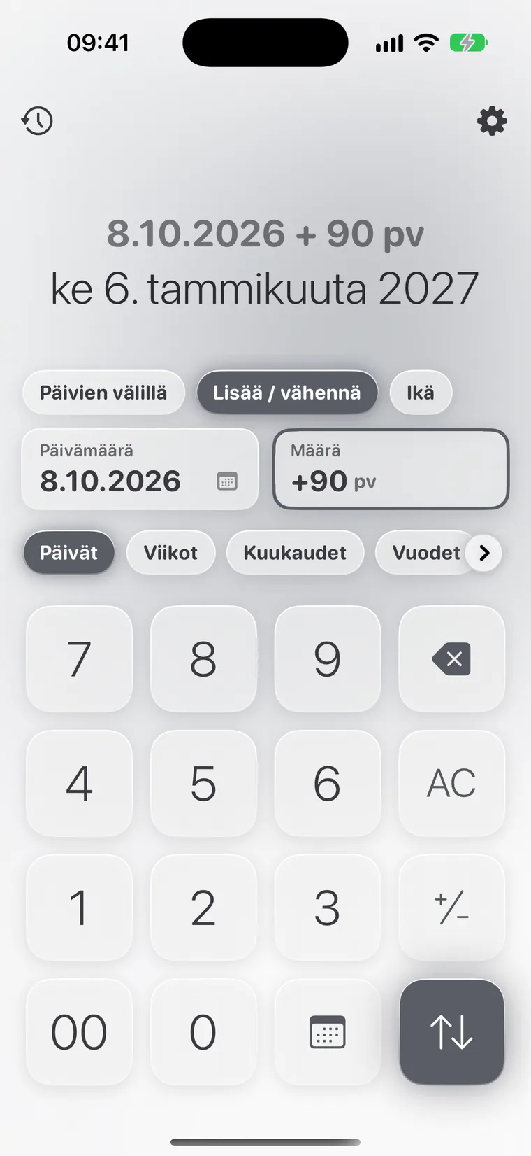 Calcie, tila ”Päivämäärät” iPhonessa