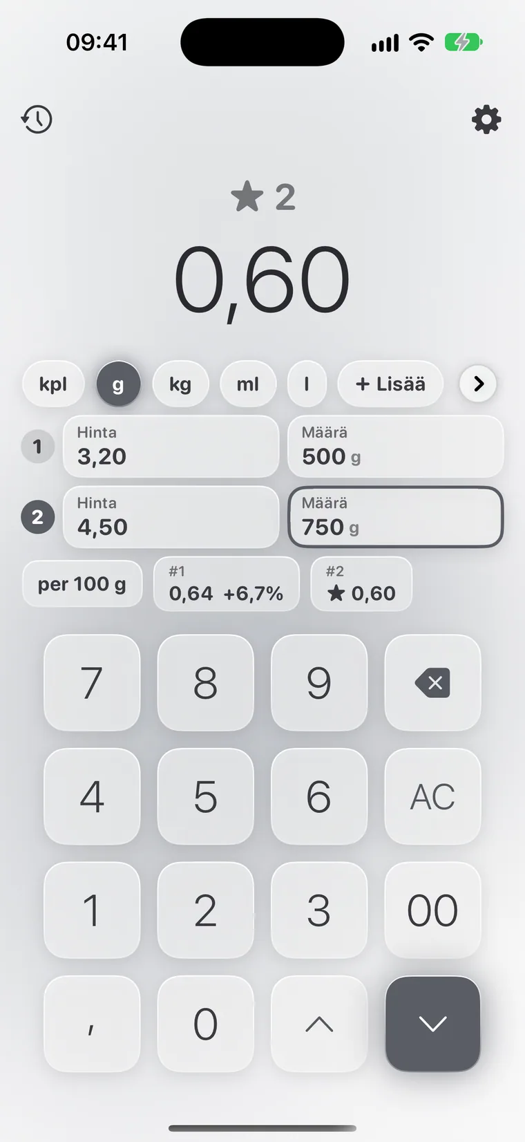 Calcie, tila ”Yksikköhinta” iPhonessa