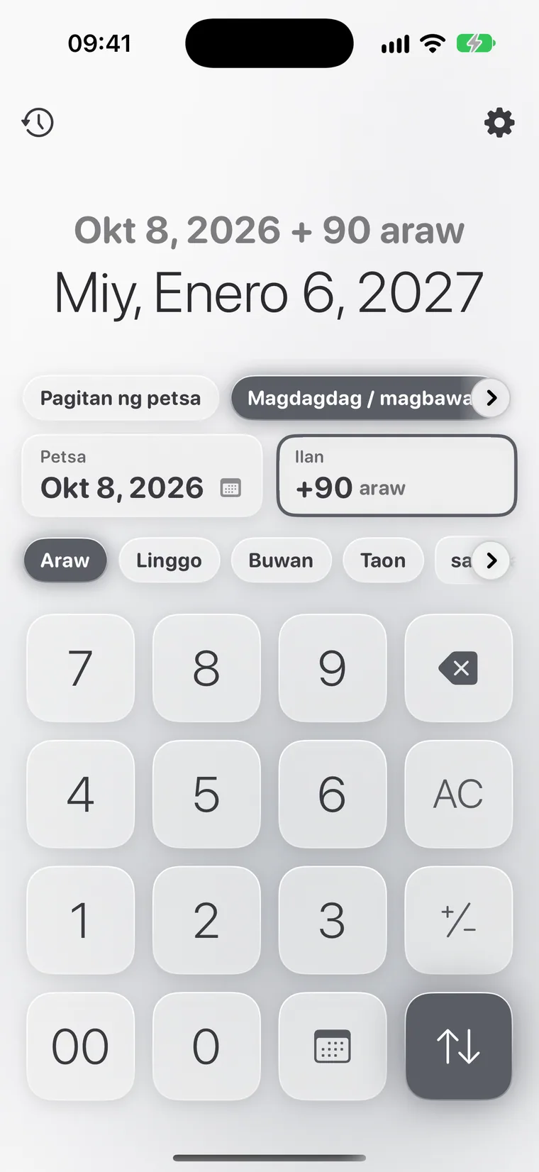Calcie, mode na “Mga petsa” sa iPhone