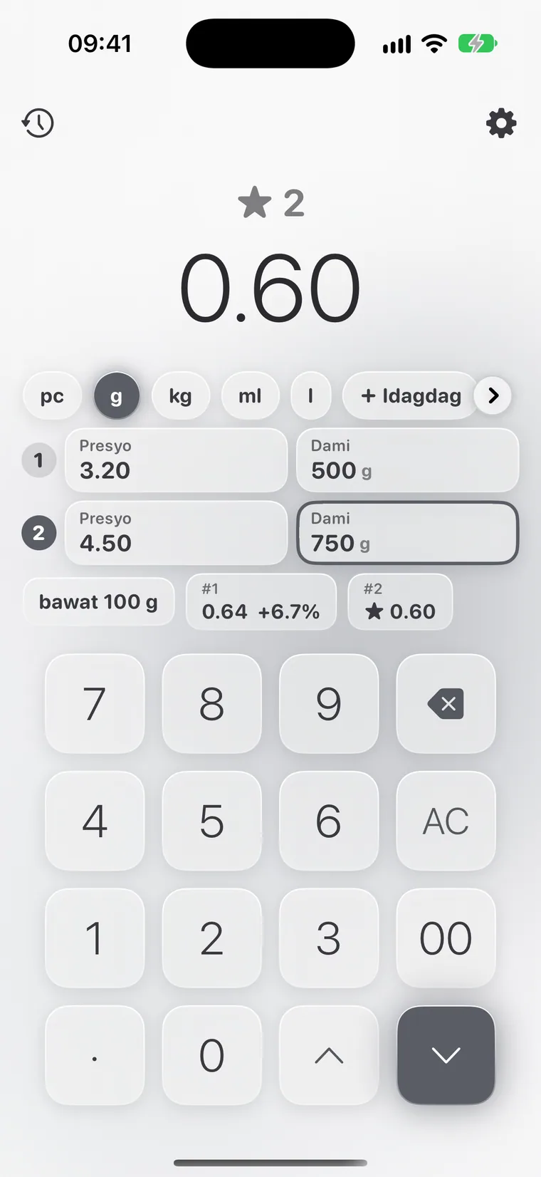 Calcie, mode na “Presyo bawat unit” sa iPhone