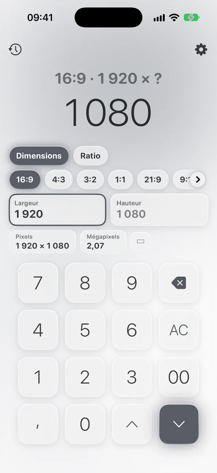 Calcie, mode « Format d’image » sur iPhone