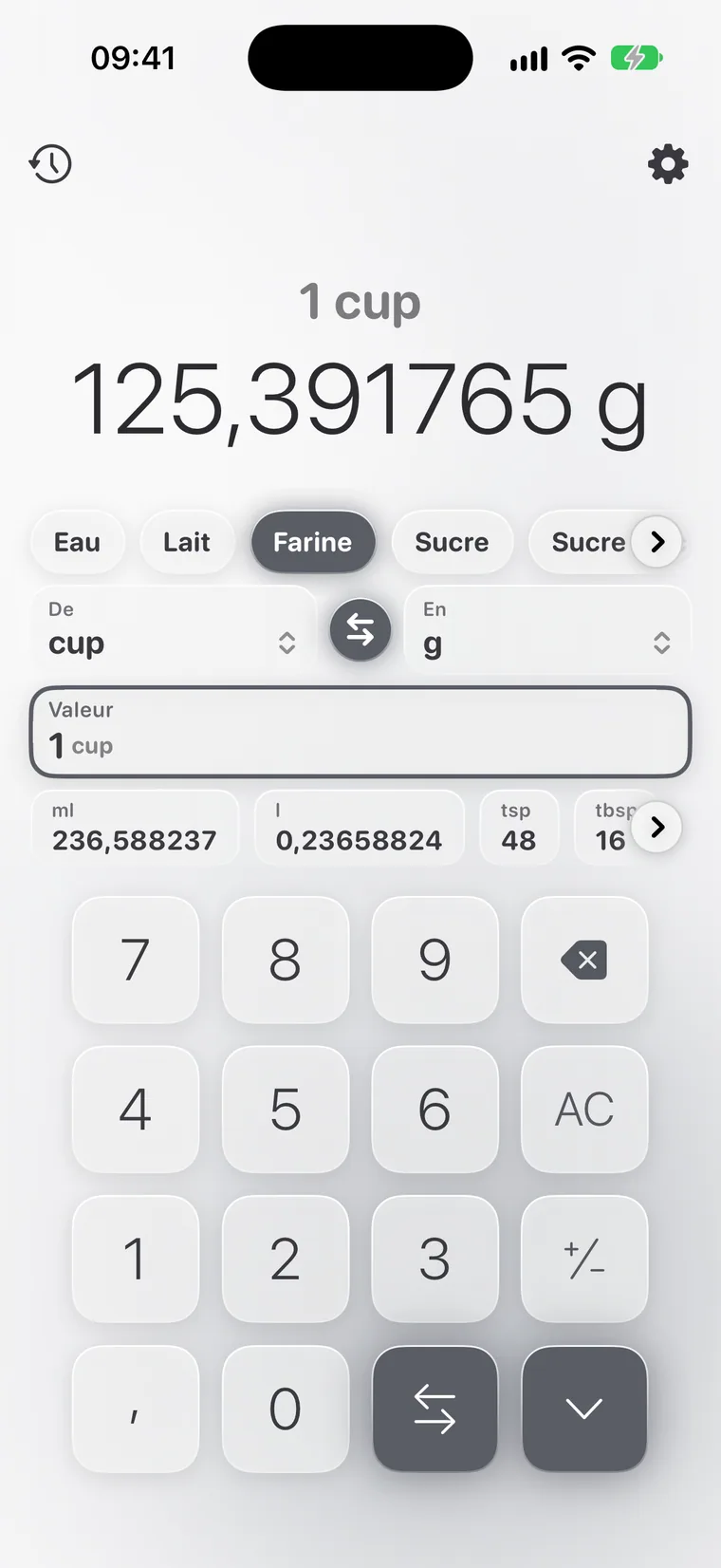 Calcie, mode « Cuisine » sur iPhone