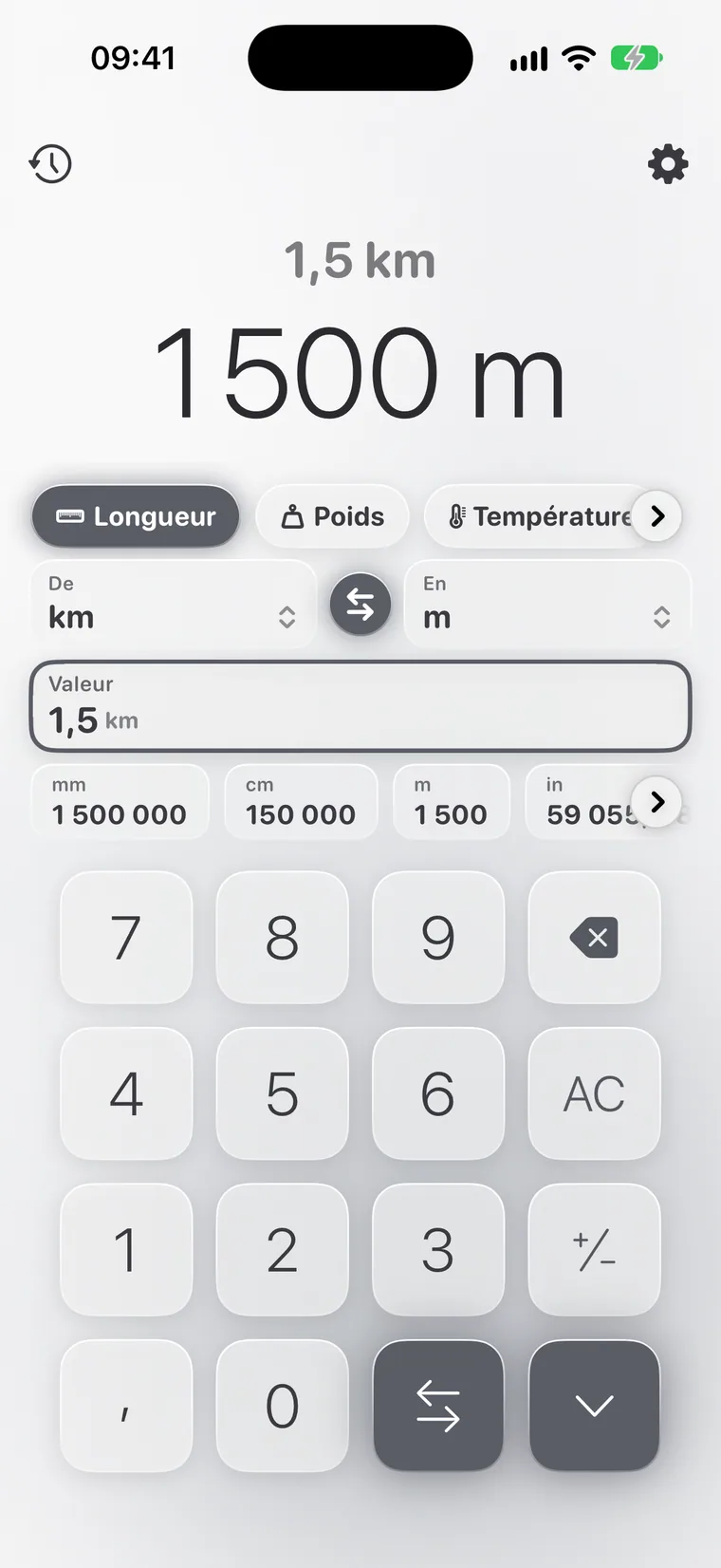 Calcie, mode « Unités » sur iPhone