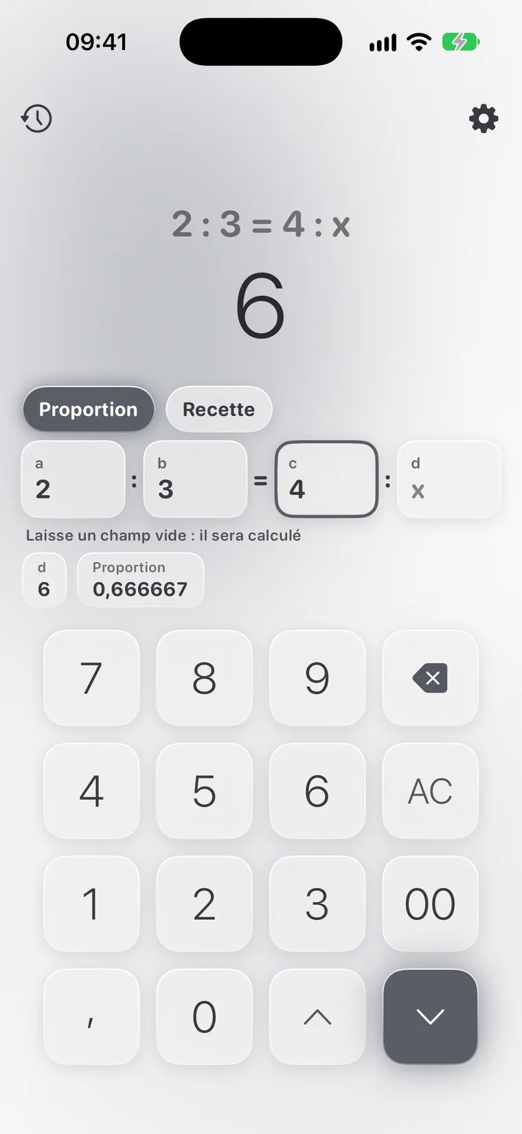 Calcie, mode « Proportions » sur iPhone