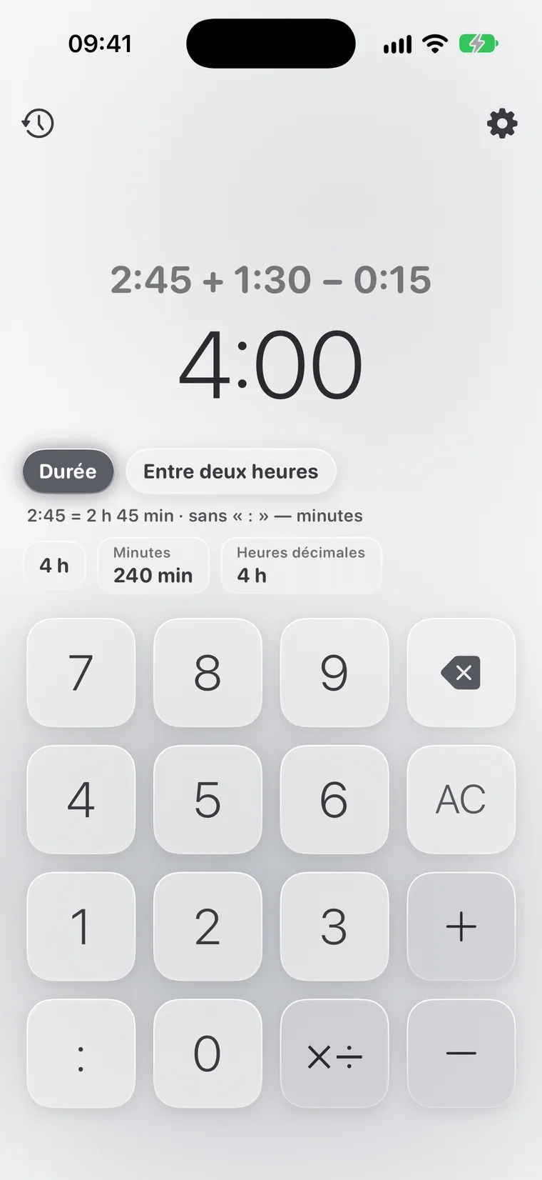 Calcie, mode « Temps » sur iPhone
