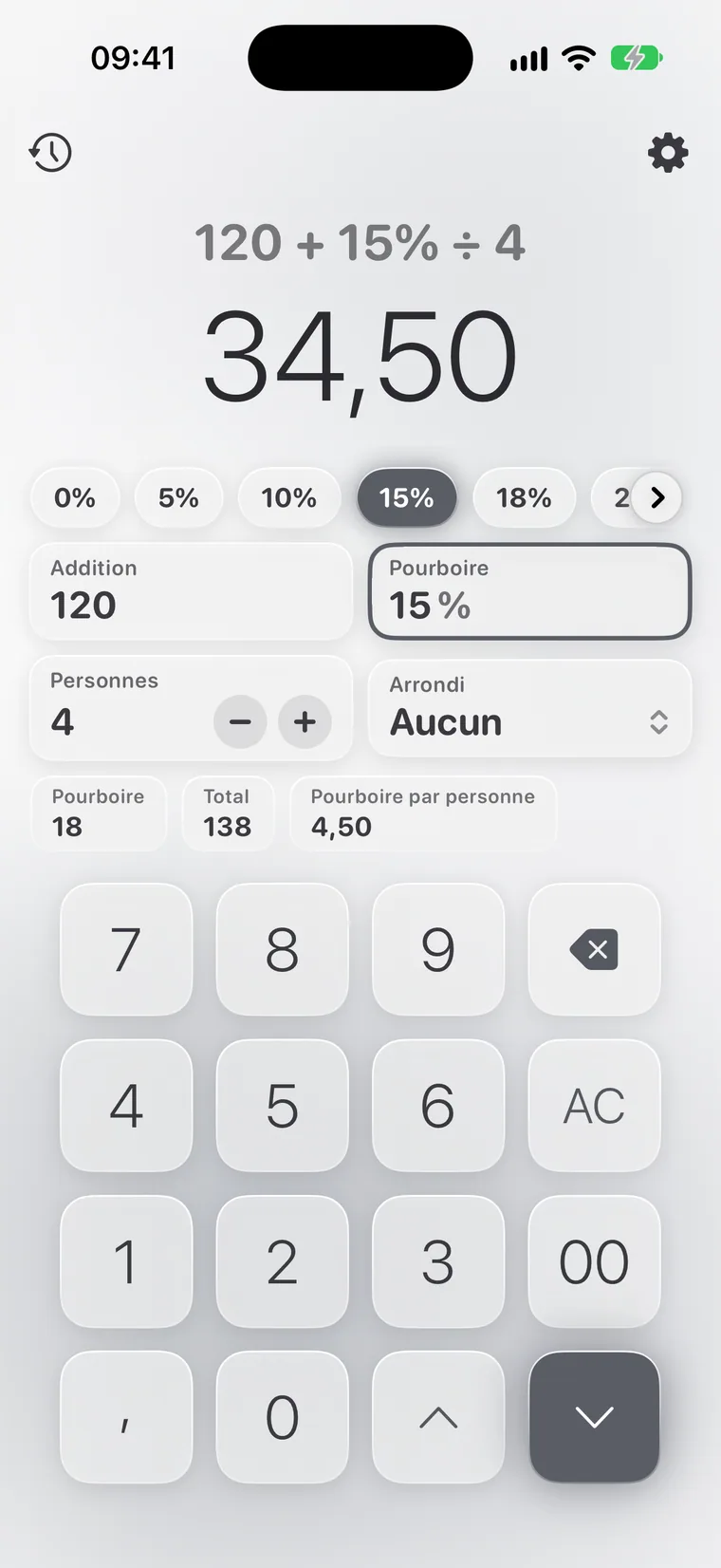 Calcie, mode « Pourboires » sur iPhone