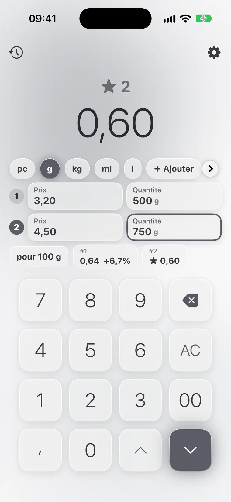 Calcie, mode « Prix unitaire » sur iPhone